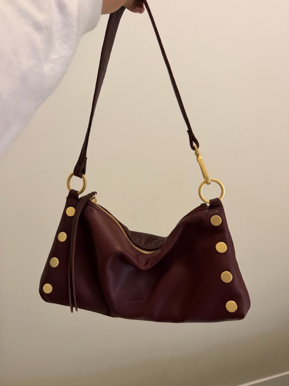 Leather Shoulder Bag in Deep Burgundy with Gold Accents